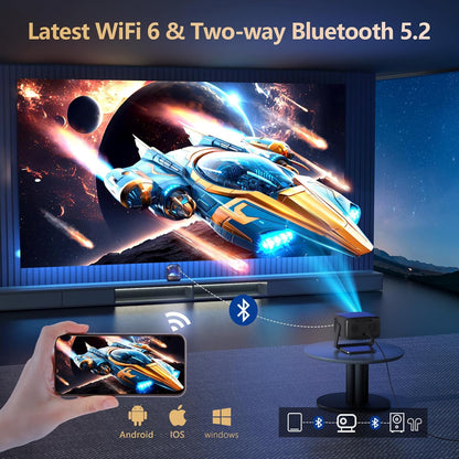 4K-Projector [1500 ANSI/Official-NetfIix/360°Stand] Outdoor Projector with WiFi 6 and Bluetooth, Auto Focus, Auto Keystone Smart Proyector Native 1080P Support 36W DoIby Audio 500'' Display HDR 10+ - PuriLite
