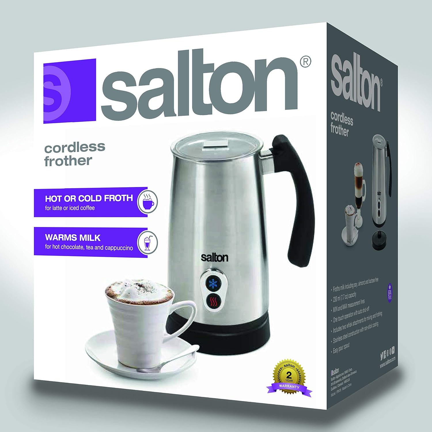 Salton Stainless Steel Milk Frother - Froth, Warm & Foam Milk for Coffees & Lattes - PuriLite