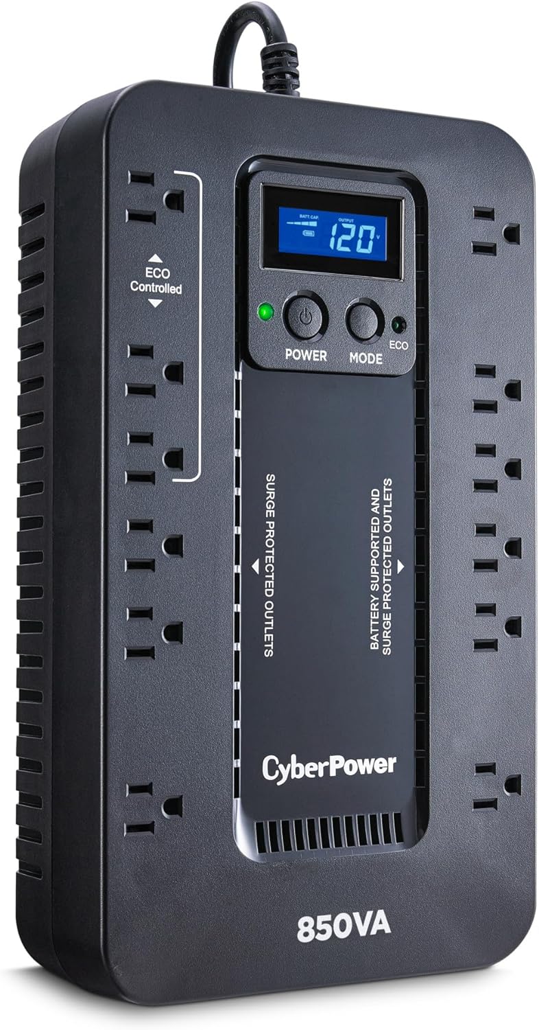 CyberPower EC850LCD Ecologic Battery Backup & Surge Protector UPS System, 850VA/510W, 12 Outlets, ECO Mode, Compact, Uninterruptible Power Supply - PuriLite