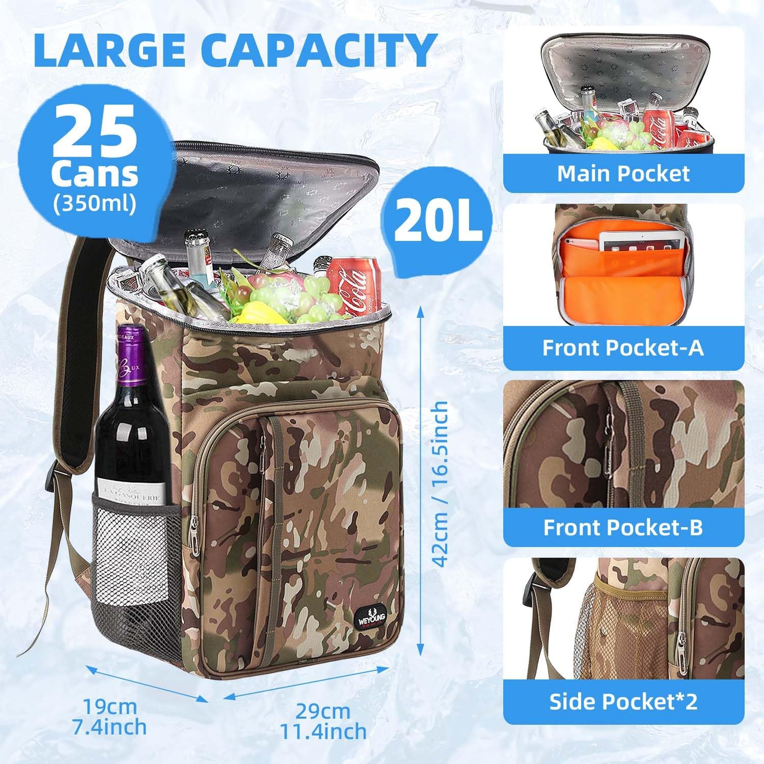 Bagtopia Camping Cooler Backpack 25 Cans, Leak Proof Insulated Thermal Bag, Beach Travel Picnic Lunch Backpack for Men Women - PuriLite