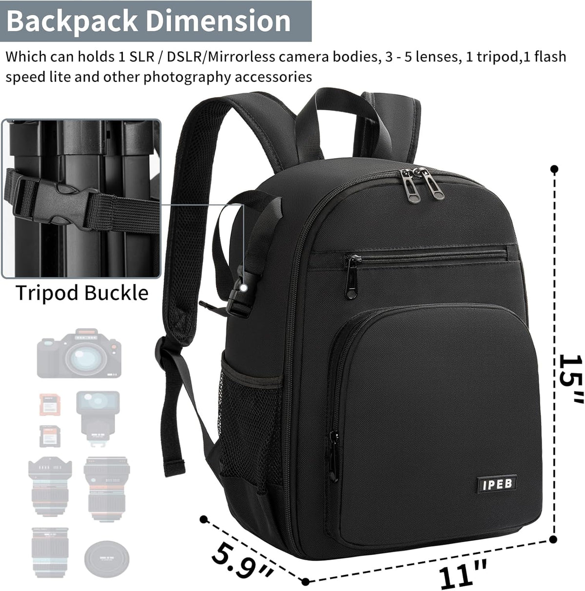 IPEB Camera Backpack Bag with Tripod Holder Water Resistant Camera Cases Photography Backpack Anti-Theft for DSLR Camera - PuriLite