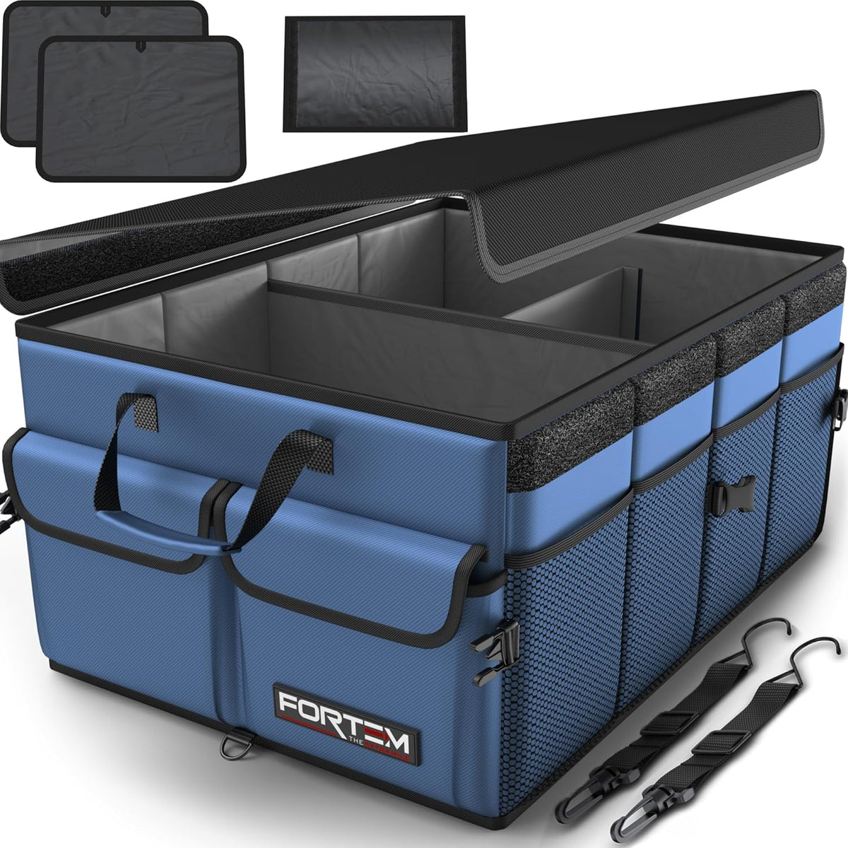FORTEM Car Trunk Organizer, Collapsible Multi Compartment Car Organizer, Foldable SUV Storage for Car Accessories for Women Men, Non Slip Bottom, Securing Straps, Soft Cover 50L (Black, Standard) - PuriLite