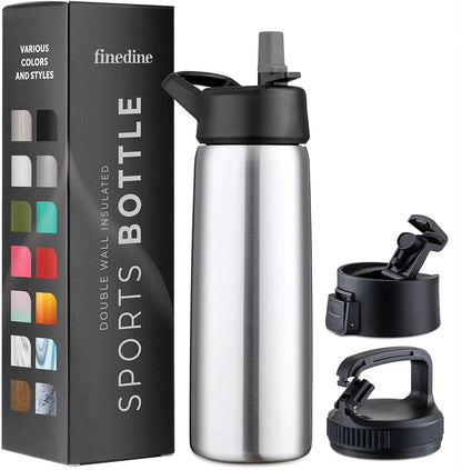 FineDine Water Bottle - Stainless Steel Insulated Water Bottle with Straw Lid, Flip Lid & Wide-Mouth Cap - Keeps Hot and Cold - 25 Oz / 739ml - Pure Pearly White - PuriLite
