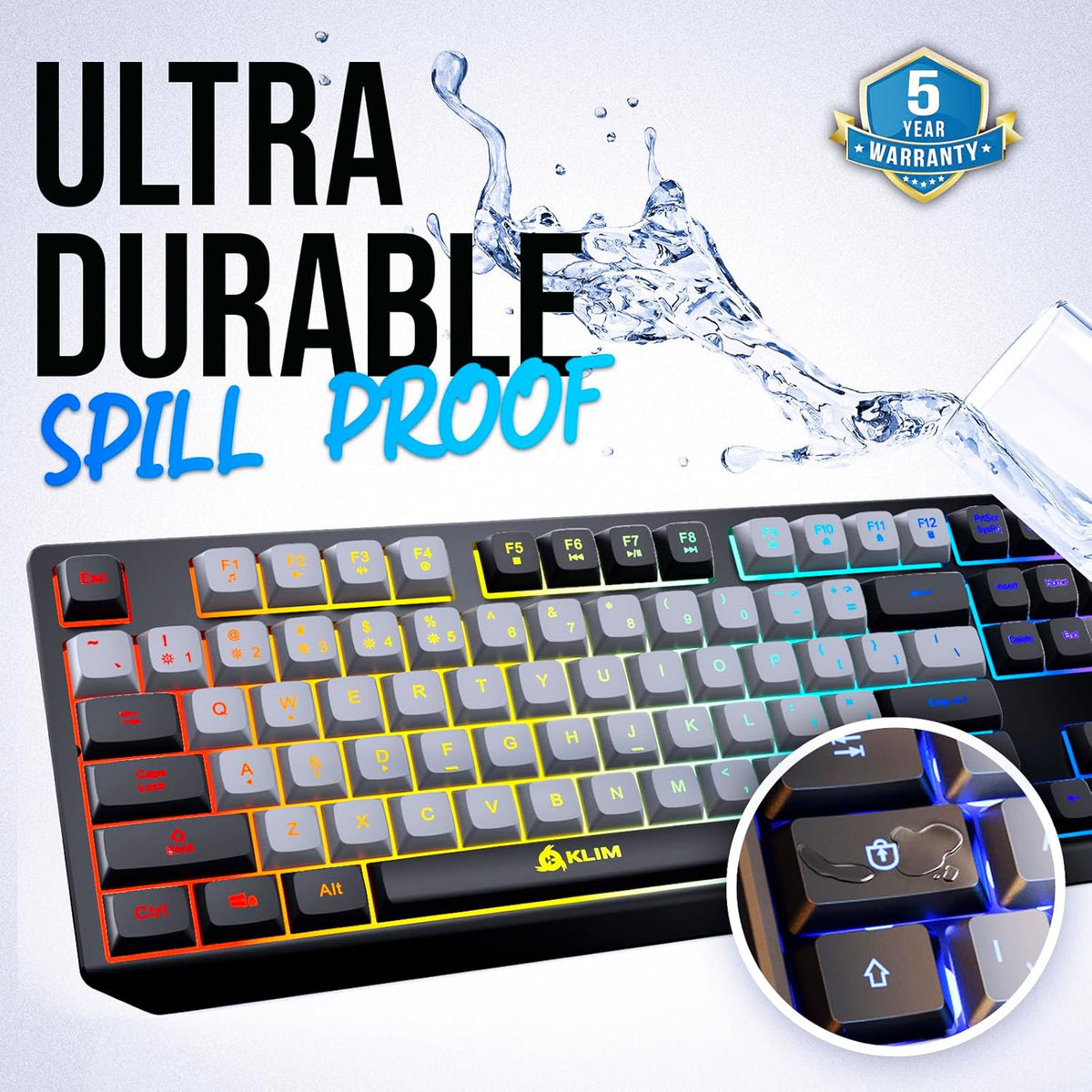 KLIM  Chroma Wireless Gaming Keyboard RGB New - Long-Lasting Rechargeable Battery - Quick and Quiet Typing - Water Resistant Backlit Wireless Keyboard for PC PS5 PS4 Mac - Black - PuriLite