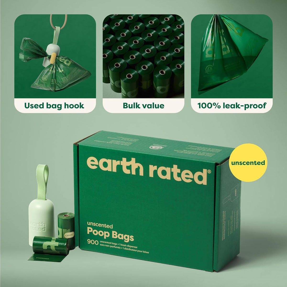 Earth Rated (A Canadian Company), Dog Poop Bag Holder with Dog Poop Bags, Durable and Guaranteed Leakproof, Unscented, 1 Dispenser and 15 Bags - PuriLite