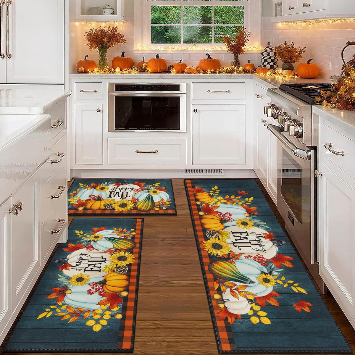 HEBE Fall Kitchen Rugs Set of 3, Washable Pumpkin Kitchen Mats for Floor Non Slip Buffalo Plaid Autumn Kitchen Runner Rug and Carpet Set, Low Profile Sunflower Floor Mats for Thanksgiving Décor