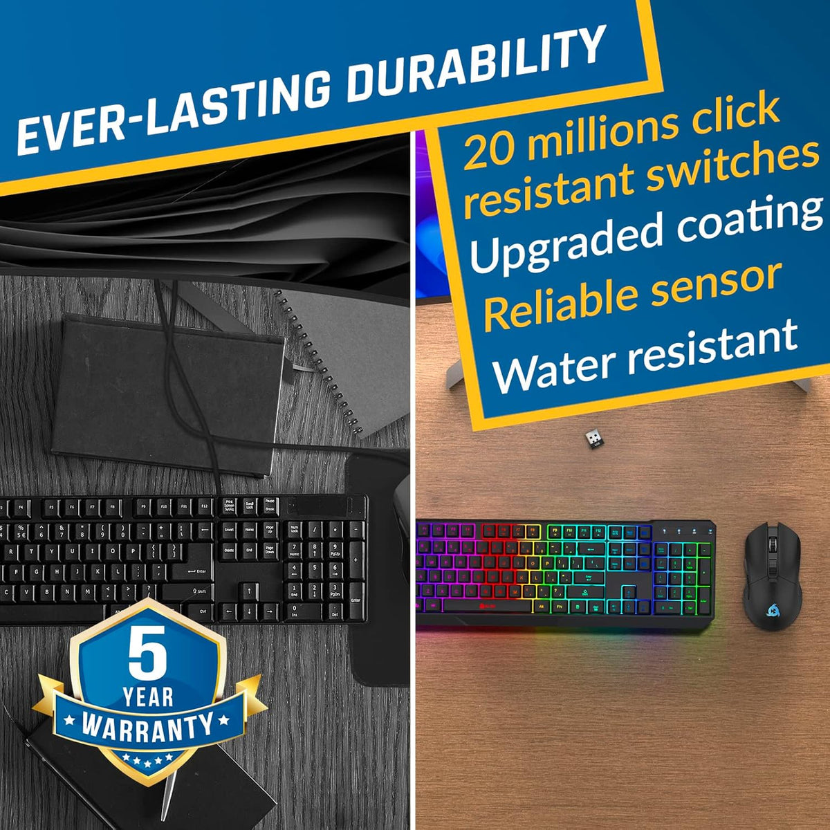 KLIM  Chroma Wireless Gaming Keyboard RGB New - Long-Lasting Rechargeable Battery - Quick and Quiet Typing - Water Resistant Backlit Wireless Keyboard for PC PS5 PS4 Mac - Black - PuriLite