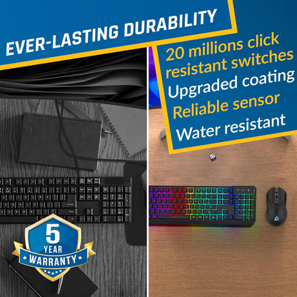 KLIM  Chroma Wireless Gaming Keyboard RGB New - Long-Lasting Rechargeable Battery - Quick and Quiet Typing - Water Resistant Backlit Wireless Keyboard for PC PS5 PS4 Mac - Black - PuriLite