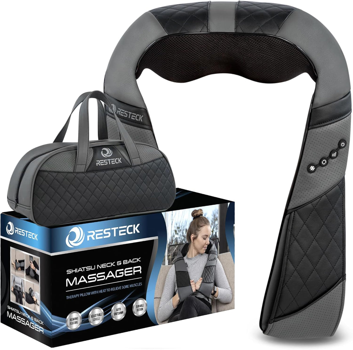 RESTECK Massagers for Neck and Back with Heat - Deep Tissue 3D Kneading Pillow, Electric Shiatsu Shoulder Massage, Foot, Legs,Body - Relieve Muscle Pain - Office, Home & Car