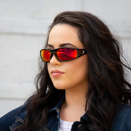 Birdz Eyewear Oriole Padded Motorcycle Riding Sunglasses Gloss Black Frames Red G-Tech Reflective Lenses - PuriLite