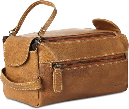 Premium Buffalo Leather Unisex Toiletry Bag Travel Dopp Kit Shaving kit (Distressed Tan) - PuriLite