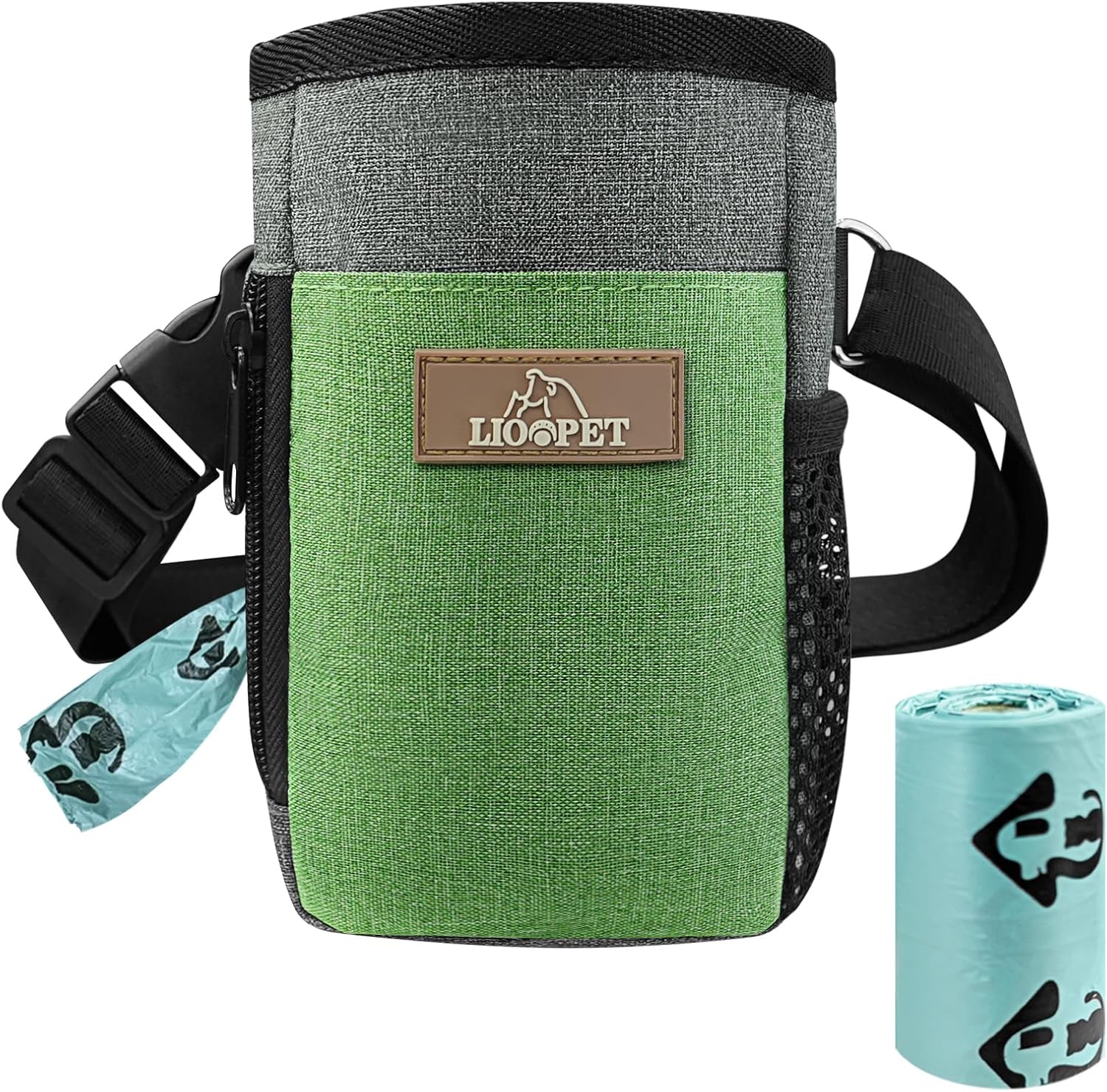 LIOOPET Dog Treat Pouch - Fashionable Green&Grey Design - Large Capacity Dog Treat Bag for Dog Walks, Outdoor Activities, Travel and Training - Includes 1 Poop Bags - PuriLite