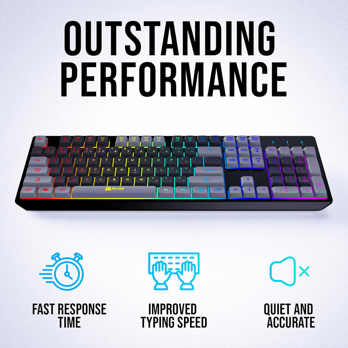 KLIM  Chroma Wireless Gaming Keyboard RGB New - Long-Lasting Rechargeable Battery - Quick and Quiet Typing - Water Resistant Backlit Wireless Keyboard for PC PS5 PS4 Mac - Black - PuriLite