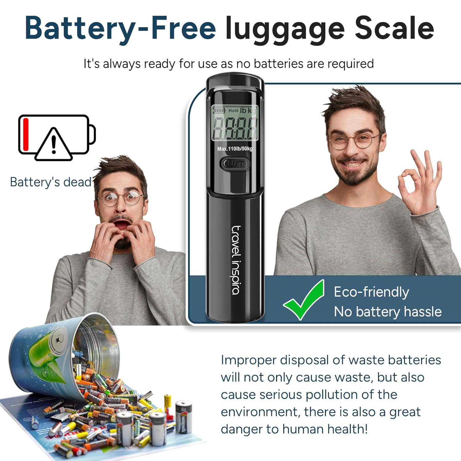 travel inspira Luggage Scale Battery-Free, Portable Handheld Digital Suitcase Scale for Travelling, 110lbs/50kg - PuriLite