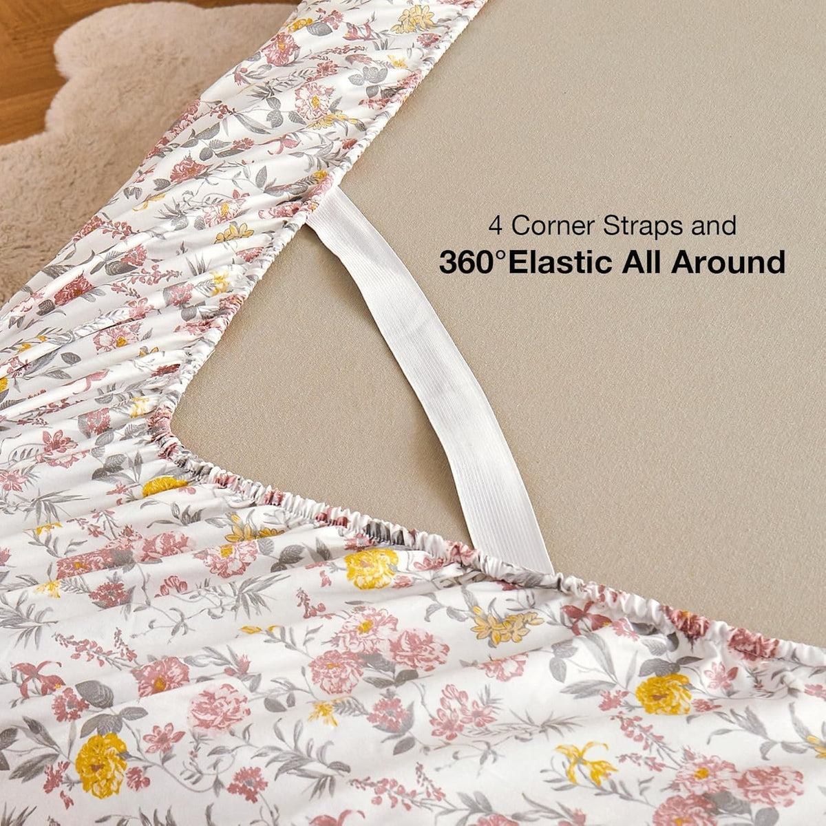 Viviland Floral Queen Sheet Set - 4 Piece Vintage Pink & Yellow Flower Patterned Bed Sheets - Soft, Breathable Microfiber Sheets with Deep Pocket, Non-Slip Fitted Sheets & Pillowcases - PuriLite