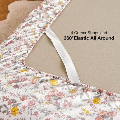 Viviland Floral Queen Sheet Set - 4 Piece Vintage Pink & Yellow Flower Patterned Bed Sheets - Soft, Breathable Microfiber Sheets with Deep Pocket, Non-Slip Fitted Sheets & Pillowcases - PuriLite