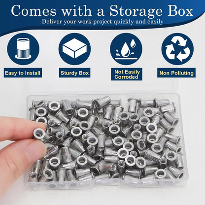Vifmy Metric & SAE Rivet Nut Assortment Kit(420 Pcs),m3 m4 m5 m6 m8 m10 m12#6-32#8-32#10-24 1/4"-20 5/16"-18 3/8"-16 UNC Flat Head Rivnut Set,Zinc Plated Finish Carbon Steel Nutsert - PuriLite
