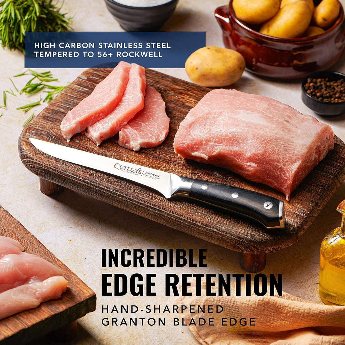 Cutluxe Curved Boning Knife – 6" Boning Knife for Meat Cutting, Fillet Knife – High Carbon German Steel, Full Tang & Ergonomic Handle Design – Artisan Series - PuriLite