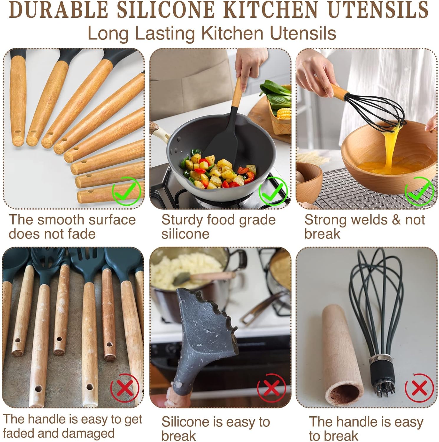 Umite Chef Kitchen Cooking Utensils Set, 33 pcs Non-Stick Silicone Cooking Kitchen Utensils Spatula Set with Holder, Wooden Handle Silicone Kitchen Gadgets Utensil Set (Khaki) - PuriLite