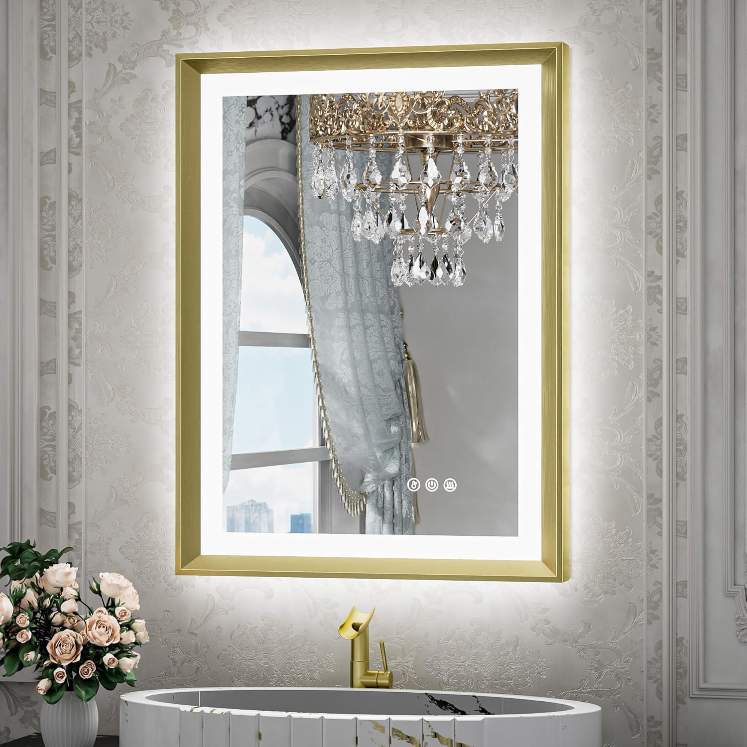 TETOTE 28x36 LED Mirror for Bathroom Black Metal Frame Frontlit & Backlit Lighted Vanity Mirror Baroque Gothic Anti Fog Stepless Dimmable White/Warm/Natural,Wall Mounted(Horizontal/Vertical) - PuriLite