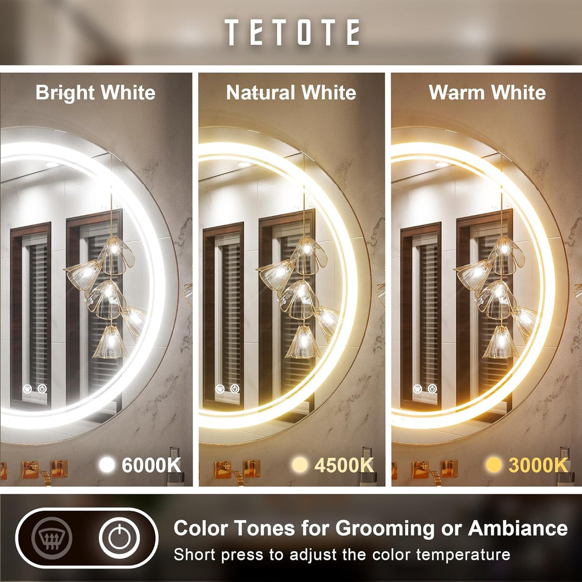 TETOTE 28 Inch Round LED Bathroom Vanity Mirror, Anti-Fog Dimmable Lights IP54 Waterproof Circle Makeup Wall Mounted Mirror - PuriLite