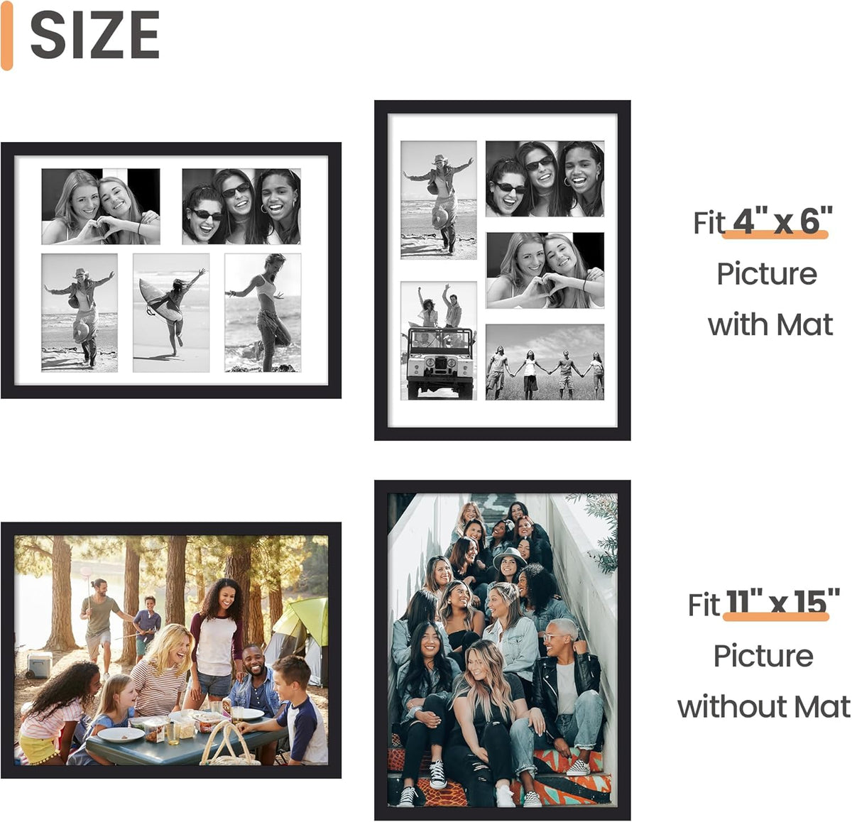 upsimples 11x14 Picture Frame, Display Pictures 8x10 with Mat or 11x14 Without Mat, Wall Hanging Photo Frames, Black - PuriLite