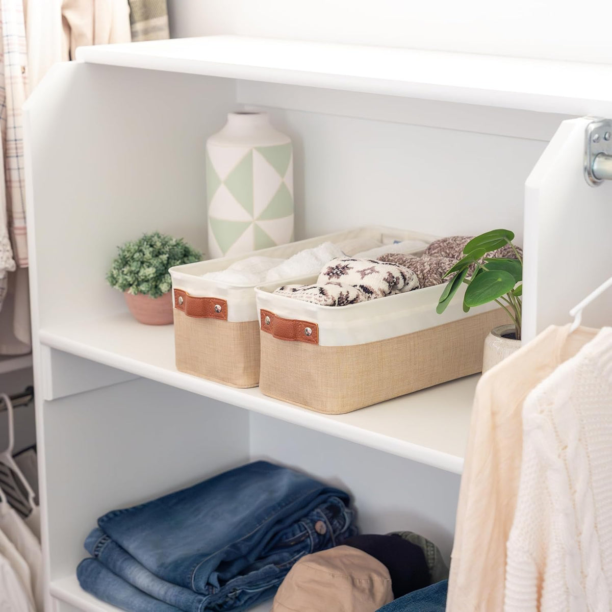 OrganiHaus Large Fabric Storage Baskets for Shelves 3 Pack, 15x11in Closet Storage Bins for Shelves, Cloth Baskets, Fabric Storage Cubes, Linen Closet Organizers, Fabric Basket, White Basket - PuriLite