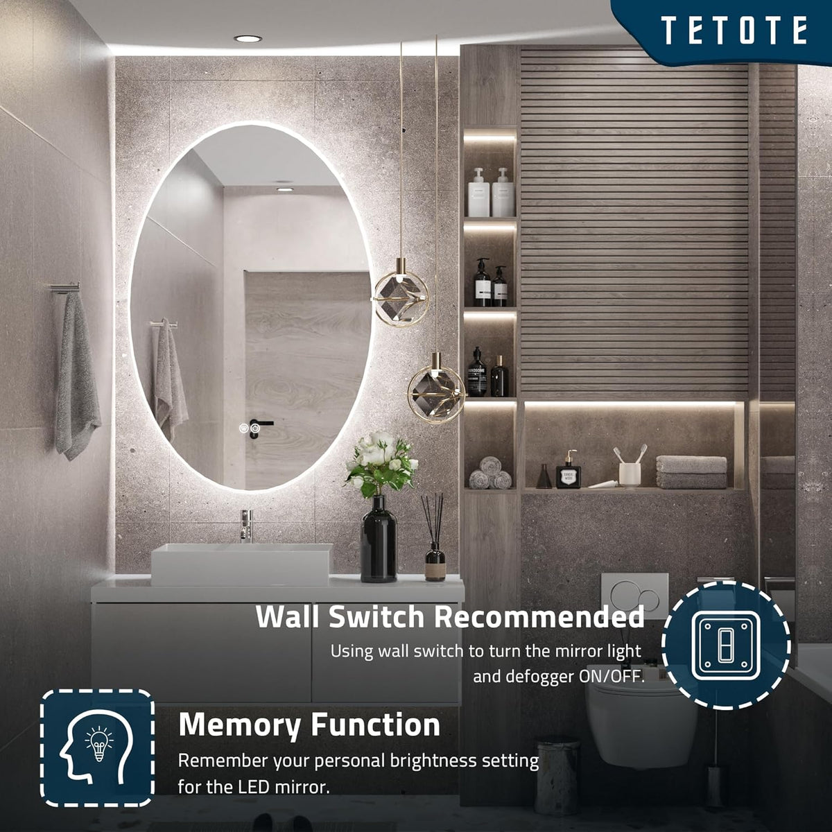 TETOTE 28 Inch Round LED Bathroom Vanity Mirror, Anti-Fog Dimmable Lights IP54 Waterproof Circle Makeup Wall Mounted Mirror - PuriLite