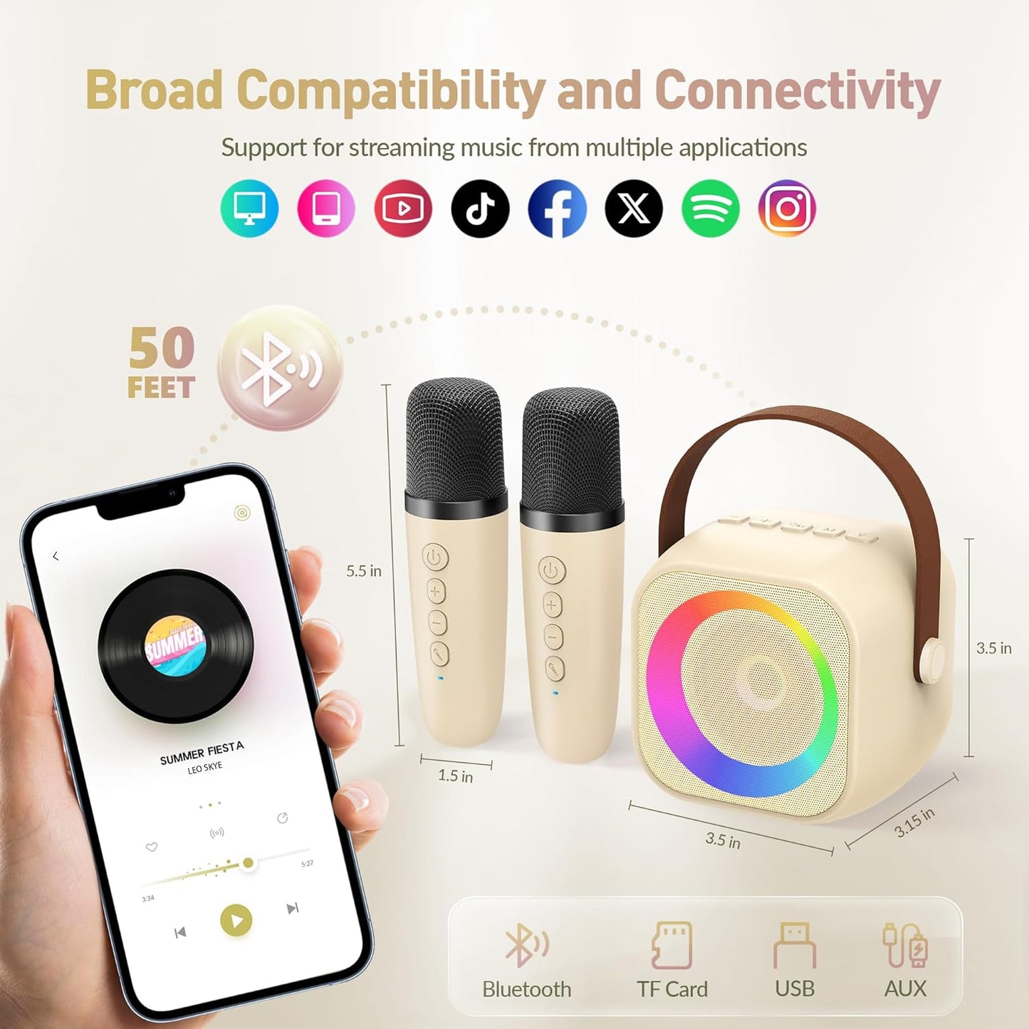 Karaoke Machine, Portable Bluetooth Karaoke Speaker with 2 Wireless Microphones and Party Lights for Kids and Adults, Birthday Gifts for Girls Boys Family Home Party (Beige2) - PuriLite