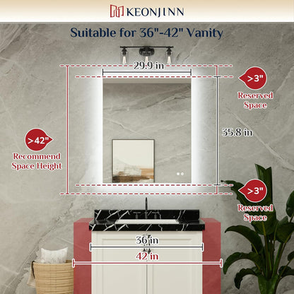 Keonjinn 40 x 32 Inch LED Bathroom Mirror with Acrylic, Backlit Mirror Anti-Fog, Lighted Bathroom Mirror for Wall, CRI90 High Definition Dimmable Large Makeup Mirror(Horizontal/Vertical) - PuriLite
