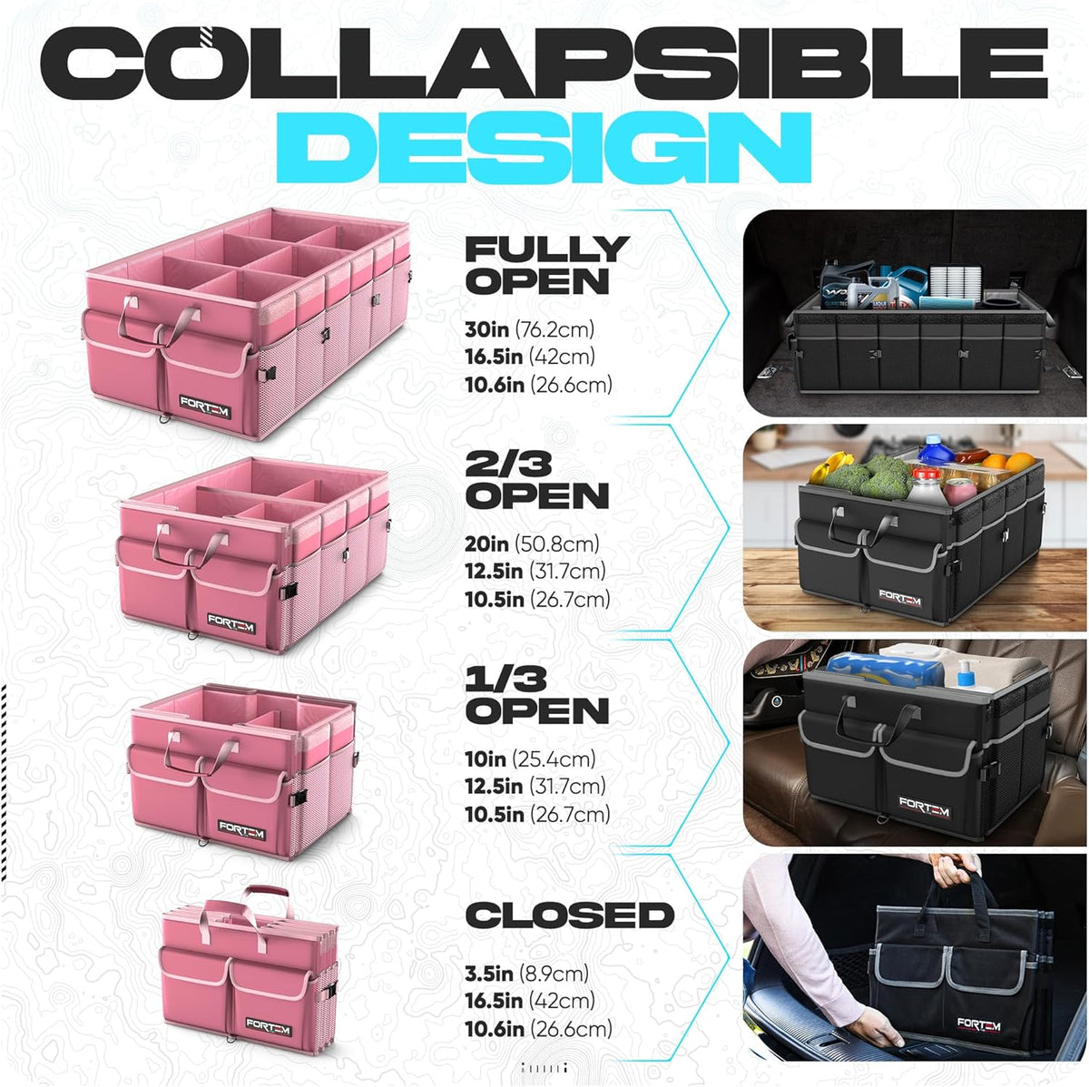 FORTEM Car Trunk Organizer, Collapsible Multi Compartment Car Organizer, Foldable SUV Storage for Car Accessories for Women Men, Non Slip Bottom, Securing Straps, Soft Cover 50L (Black, Standard) - PuriLite