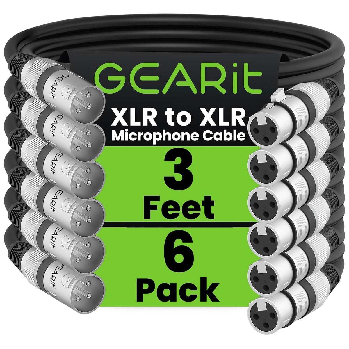 GEARit XLR Male to Female Microphone Cable (10 Feet, 6-Pack) 3-Pin Balanced Shielded Mixer, Recording Studio, Podcast - Black - PuriLite
