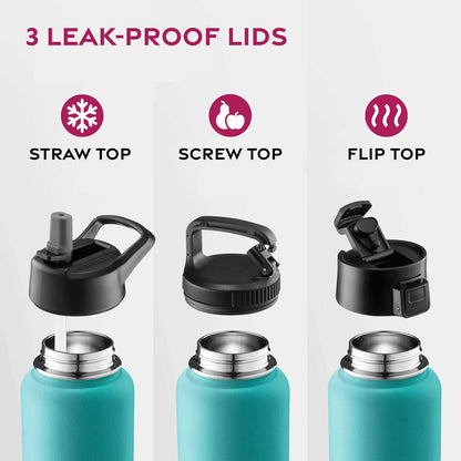 FineDine Water Bottle - Stainless Steel Insulated Water Bottle with Straw Lid, Flip Lid & Wide-Mouth Cap - Keeps Hot and Cold - 25 Oz / 739ml - Pure Pearly White - PuriLite