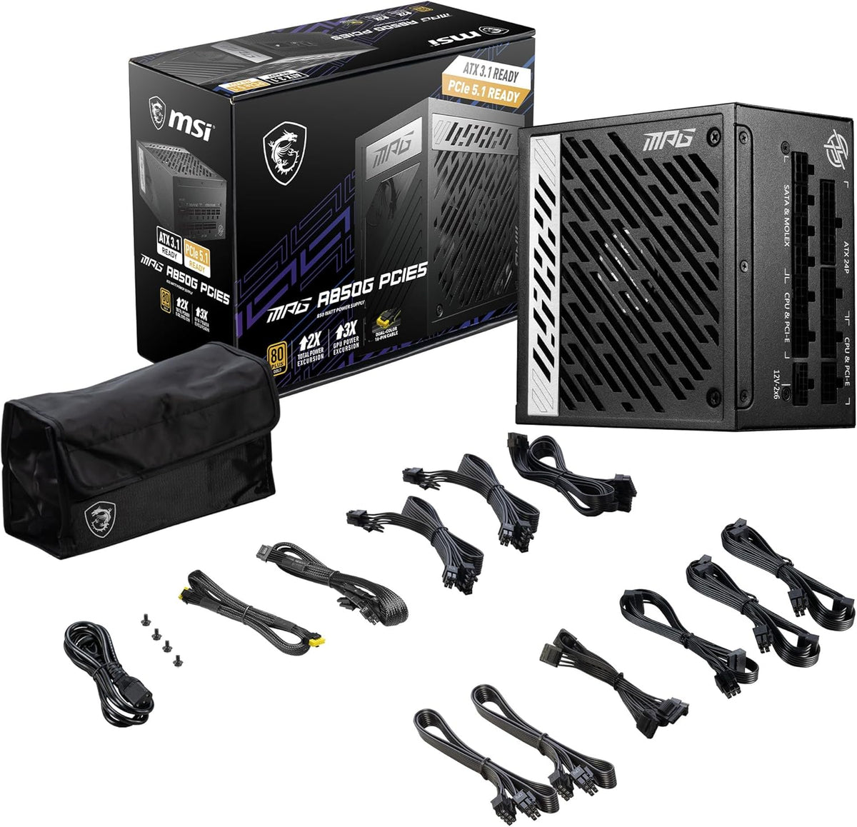 MSI MPG A1250GS PCIE5, 80 Plus Gold Full Modular 1250W Power Supply, 12V-2x6 Cable, ATX 3.1 & PCIE 5.1 Ready - PuriLite