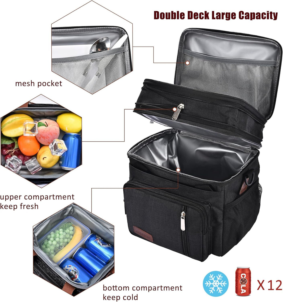 Lunch Bag for Women Men Double Deck Lunch Box - Leakproof Insulated Soft Large Lunch Cooler Bag, MIYCOO (Black,15L) - PuriLite