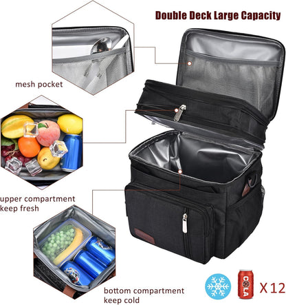 Lunch Bag for Women Men Double Deck Lunch Box - Leakproof Insulated Soft Large Lunch Cooler Bag, MIYCOO (Black,15L) - PuriLite