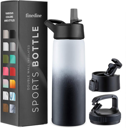 FineDine Water Bottle - Stainless Steel Insulated Water Bottle with Straw Lid, Flip Lid & Wide-Mouth Cap - Keeps Hot and Cold - 25 Oz / 739ml - Pure Pearly White - PuriLite