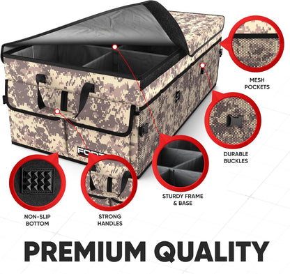 FORTEM Car Trunk Organizer, Collapsible Multi Compartment Car Organizer, Foldable SUV Storage for Car Accessories for Women Men, Non Slip Bottom, Securing Straps, Soft Cover 50L (Black, Standard) - PuriLite