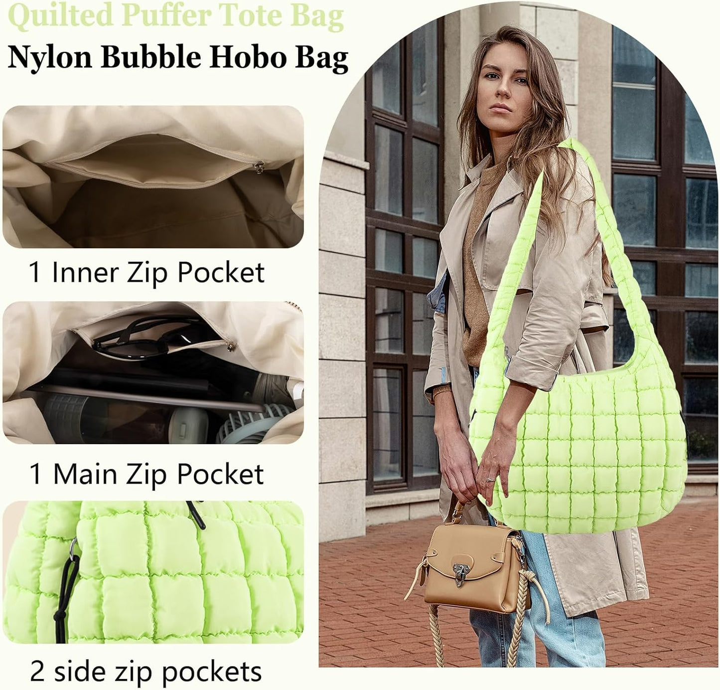 Quilted Puffer Tote Bag Large Crossbody Shoulder Bag with Zipper, Nylon Hobo Oversized Handbag - PuriLite
