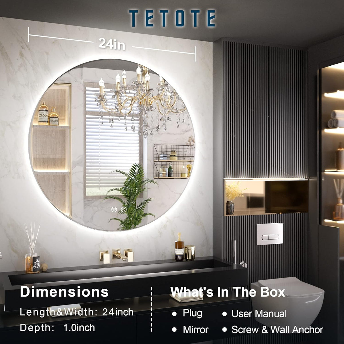TETOTE 28 Inch Round LED Bathroom Vanity Mirror, Anti-Fog Dimmable Lights IP54 Waterproof Circle Makeup Wall Mounted Mirror - PuriLite
