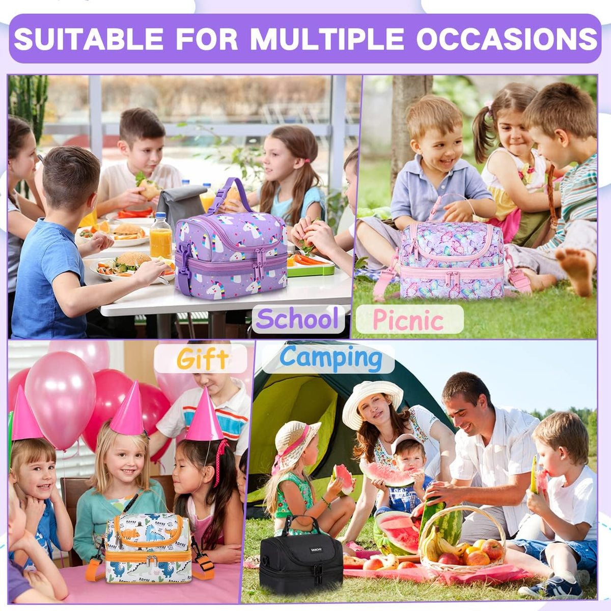 VASCHY Lunch Box Bag Men, Insulated Two Compartments Bento Cooler Bags for Adults/Women/Kids for School,Daycare,Kindergarten,Picnic Black - PuriLite