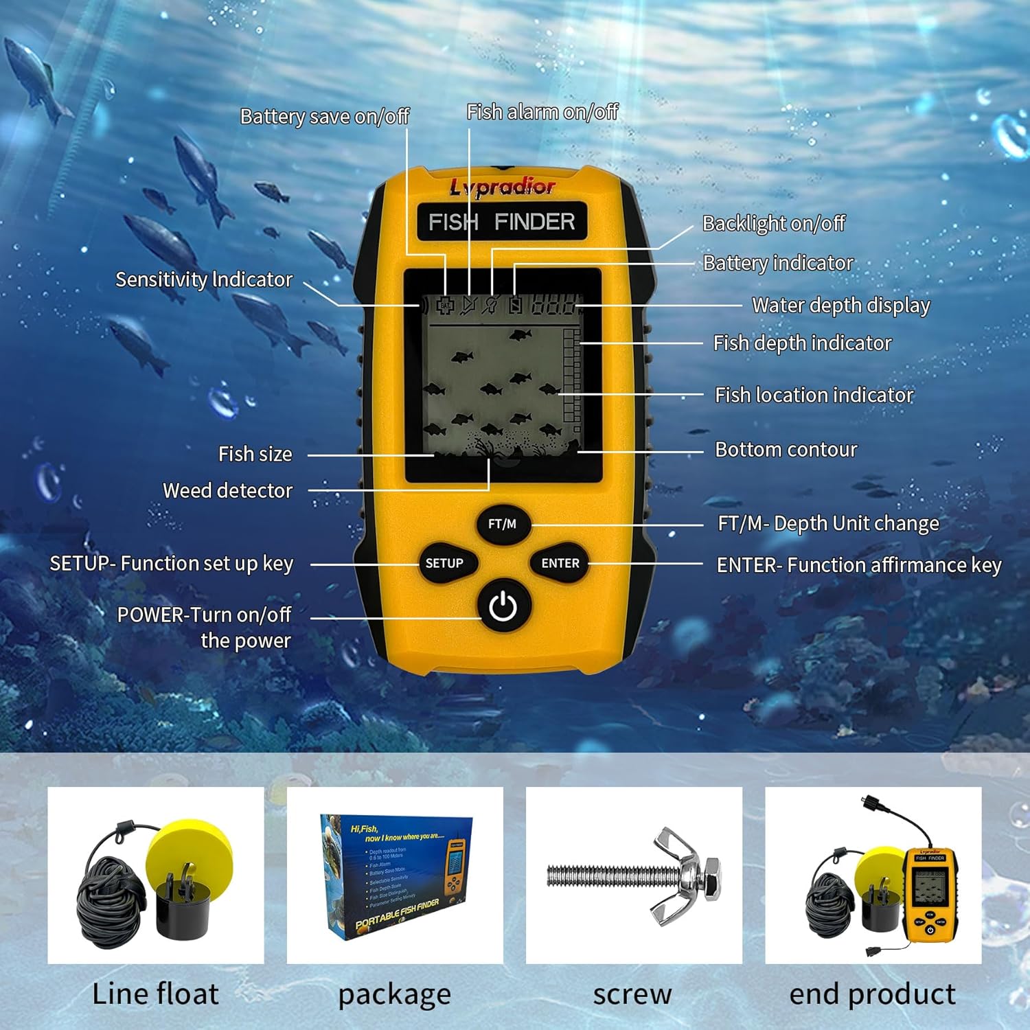 Lvpradior Portable Fish Finder, Wired Castable Kayak Boat Fishing Finder, Ice Fishing Gear Accessories, Handheld Water Depth Fish Finder with Sonar and LCD Display - PuriLite