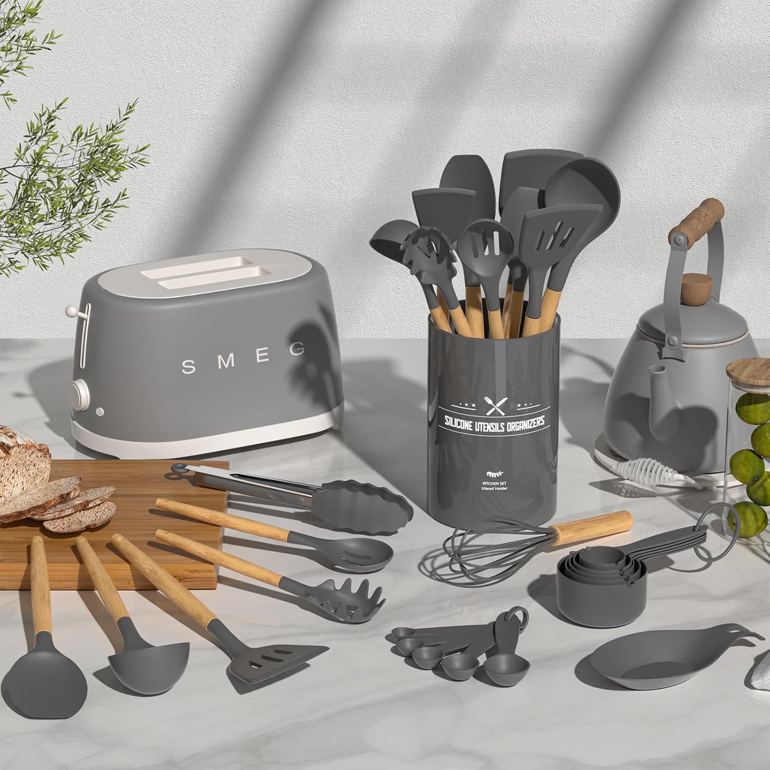 Umite Chef Kitchen Cooking Utensils Set, 33 pcs Non-Stick Silicone Cooking Kitchen Utensils Spatula Set with Holder, Wooden Handle Silicone Kitchen Gadgets Utensil Set (Khaki) - PuriLite