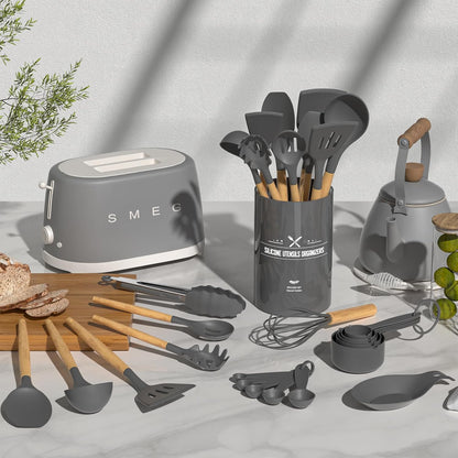 Umite Chef Kitchen Cooking Utensils Set, 33 pcs Non-Stick Silicone Cooking Kitchen Utensils Spatula Set with Holder, Wooden Handle Silicone Kitchen Gadgets Utensil Set (Khaki) - PuriLite