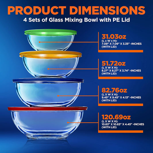 NutriChef 4-Piece Glass Mixing Bowl Set with Airtight Lids - Meal Prep Containers, Salad Bowls - Stackable, Leakproof, Freezer-to-Oven Safe, Dishwasher Safe - PuriLite