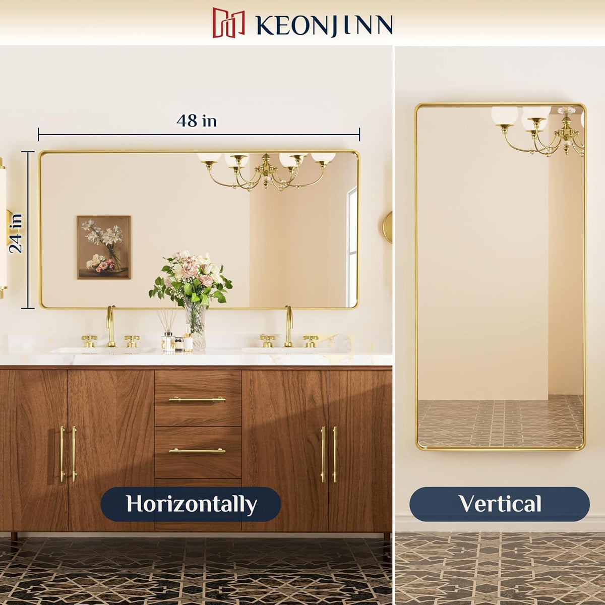 Keonjinn 42 x 36 Brushed Nickel Bathroom Vanity Mirror, Large Rounded Rectangle Bathroom Mirrors for over Sink, Metal Framed Silver Mirror for Wall, Shatterproof HD Tempered Glass(Horizontal/Vertical) - PuriLite