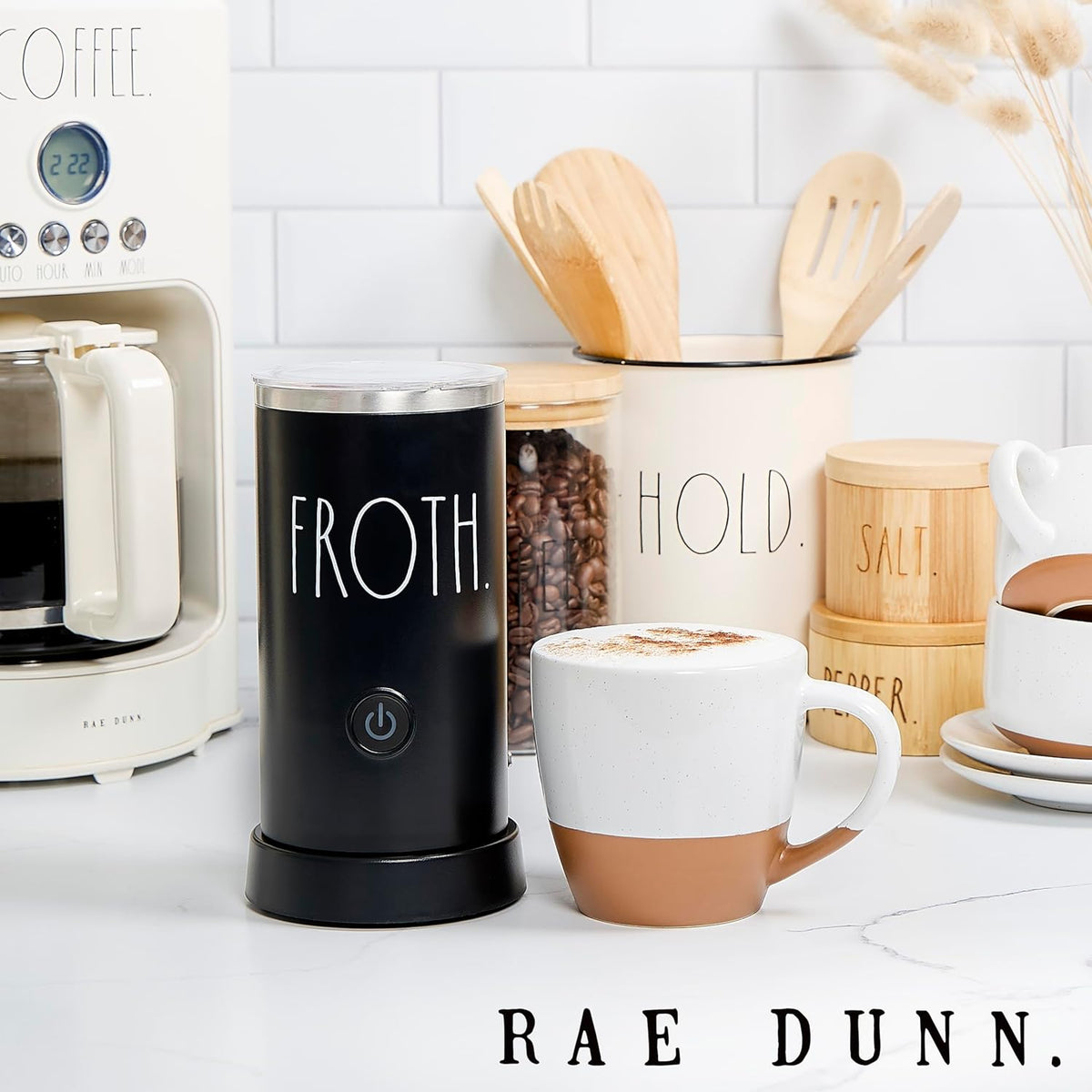 Rae Dunn - Electric Milk Frother - Elegant Automatic Milk Steamer and Frother, Milk Warmer, Hot and Cold Frothing Machine for Coffee, Latte, Cappuccino, Macchiato, - PuriLite
