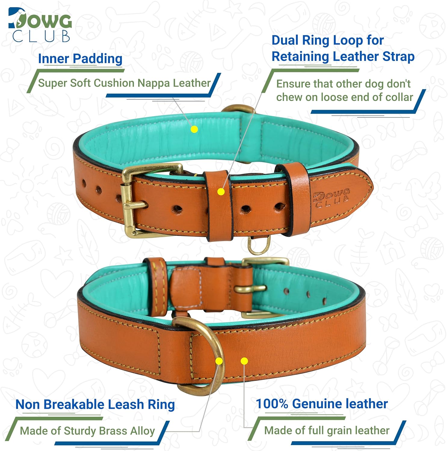 DowgClub | Genuine Leather Dog Collar | Full Grain, Heavy Duty | Comfortable, Strong | Best for Pups, Small, Medium & Large Breeds | Pink, Brown, Black, Tan - PuriLite