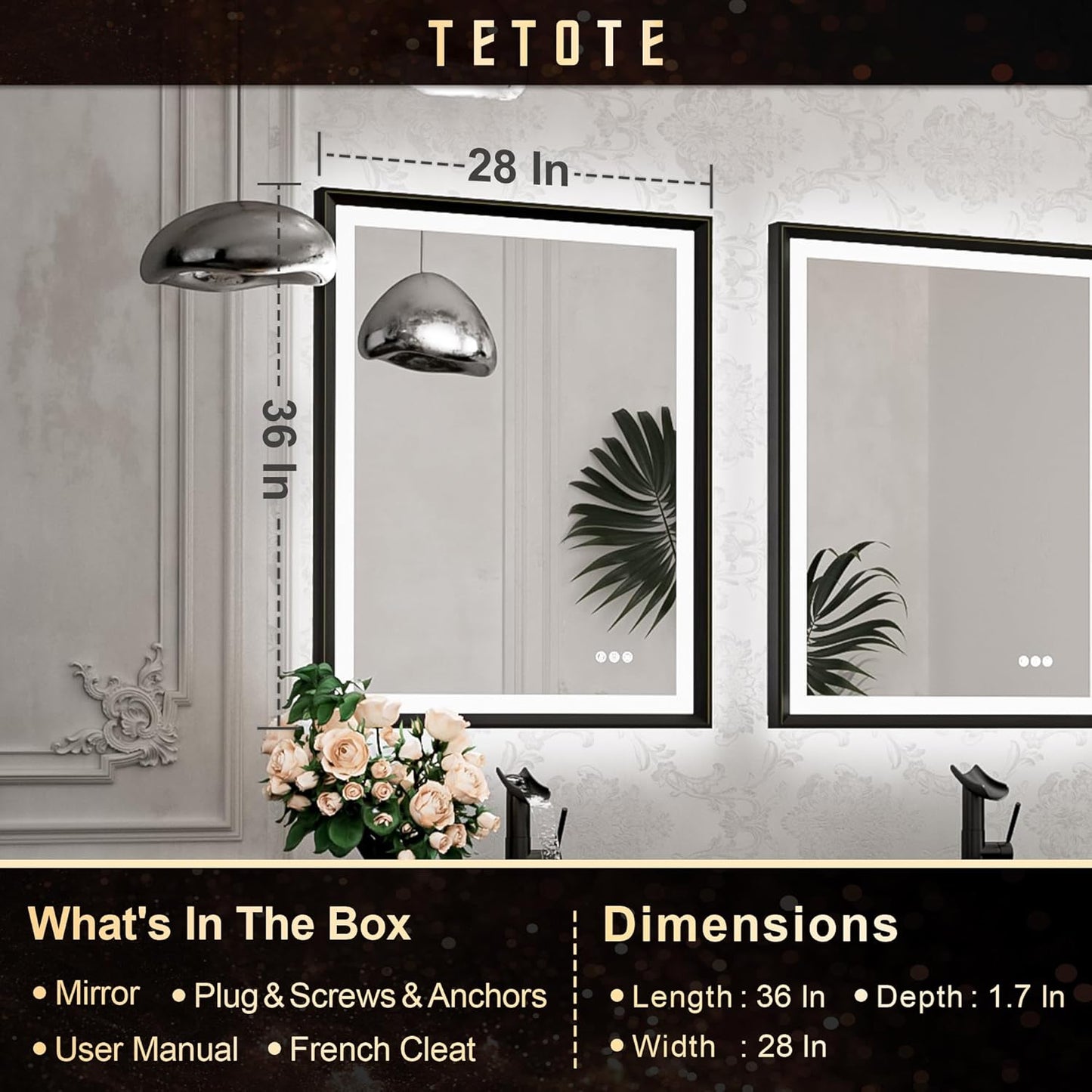 TETOTE 28x36 LED Mirror for Bathroom Black Metal Frame Frontlit & Backlit Lighted Vanity Mirror Baroque Gothic Anti Fog Stepless Dimmable White/Warm/Natural,Wall Mounted(Horizontal/Vertical) - PuriLite