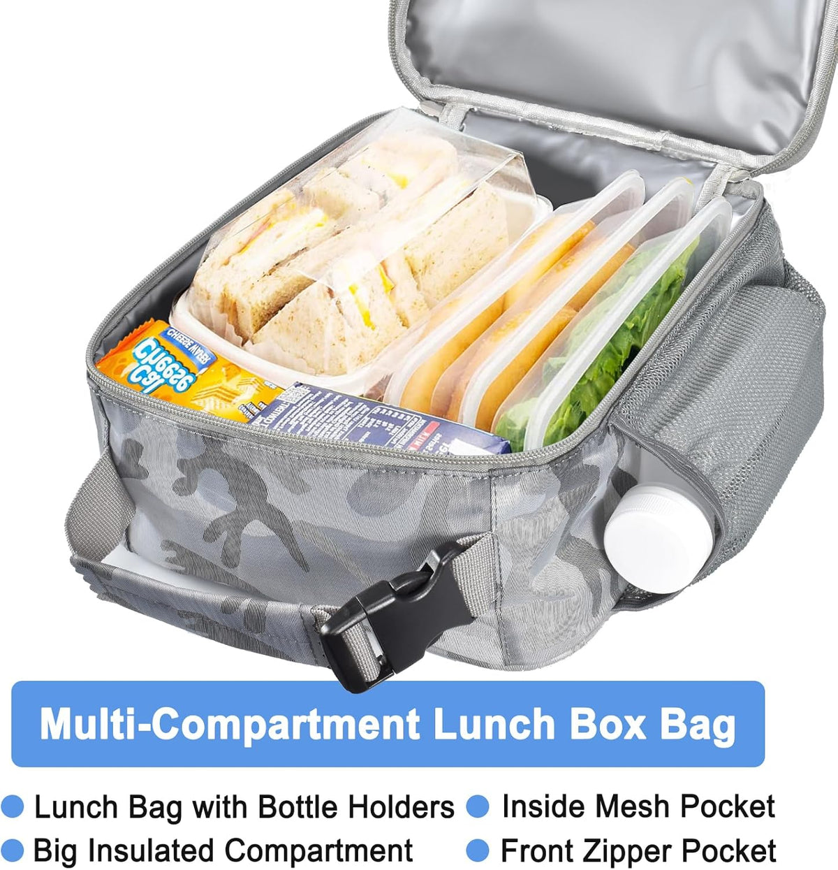 Insulated Lunch Bag, Leakproof Portable Lunch Box for Women Men Boys Girls, Large Capacity Cooler Bag with Handle and Bottle Pocket for Office School Camping Hiking Outdoor Beach Picnic (Black) - PuriLite